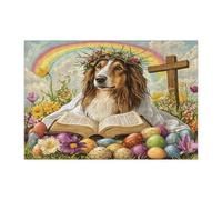 Spring Easter Rough Collie Dog Jigsaw Puzzles for Adults 300 Piece, Retro Cross Eggs Puppy Wooden Printed Puzzles, Country Pattern Decorations for Entertainment Party