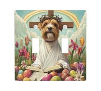 Spring Easter Russell Terrier Dog Decorative Light Switch Cover Wall Plate 2 Gang Double Toggle, Bible Cross Eggs Puppy Electrical Switchplate, Country Electrical Faceplate for Bedroom
