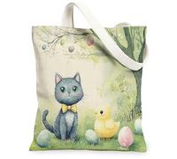 Spring Easter Russian Blue Cats Canvas Tote Bag for Shopping 13 * 15, Cute Chick Eggs Reusable Grocery Shoulder Bag for Women, Pet Painting Gift Decoration