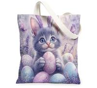 Spring Easter Russian Blue Cats Canvas Tote Bag for Shopping 13 * 15, Cute Lavender Eggs Reusable Grocery Bag for Women, Pet Travel Painting Gift Decoration