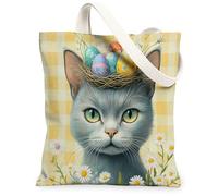 Spring Easter Russian Blue Cats Canvas Tote Bag for Shopping 13 * 15, Eggs Plaid Daisy Reusable Grocery Shoulder Bag for Women, Pet Painting Gift Decor