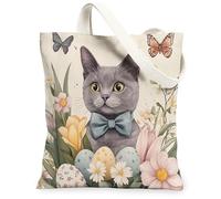 Spring Easter Russian Blue Cats Canvas Tote Bag for Shopping 13 * 15, Floral Art Eggs Reusable Grocery Shoulder Cloth Bag for Women, Pet Painting Gift Decoration