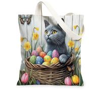 Spring Easter Russian Blue Cats Canvas Tote Bag for Shopping 13 * 15, Floral Basket Eggs Reusable Grocery Shoulder Bag for Women, Pet Painting Gift Decor