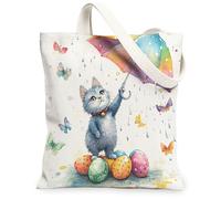 Spring Easter Russian Blue Cats Canvas Tote Bag for Shopping 13 * 15, Fun Umbrella Eggs Reusable Grocery Bag for Women, Pet Travel Painting Gift Decoration