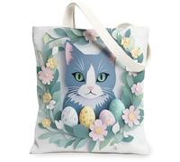 Spring Easter Russian Blue Cats Canvas Tote Bag for Shopping 13 * 15, Novelty Floral Eggs Reusable Grocery Bag for Women, Pet Travel Pattern Gift Decoration