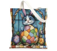 Spring Easter Russian Blue Cats Canvas Tote Bag for Shopping 13 * 15, Stained Glass Eggs Reusable Grocery Bag for Women, Pet Travel Pattern Gift Decoration