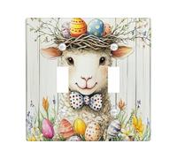 Spring Easter Sheep Lamb Decorative Light Switch Cover Wall Plate 2 Gang Double Toggle, Rustic Country Animal Electrical Switchplate, Farmhouse Wooden Print Electrical Faceplate for Room