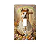Spring Easter Shiba Inu Dog Decorative Light Switch Cover Wall Plate 1 Gang Single Toggle, Bible Cross Eggs Puppy Electrical Switchplate, Country Electrical Faceplate for Bedroom