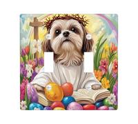 Spring Easter Shih Tzu Dog Decorative Light Switch Cover Wall Plate 2 Gang Double Toggle, Bible Cross Eggs Puppy Electrical Switchplate, Country Electrical Faceplate for Bedroom