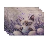 Spring Easter Siamese Cats Placemats Set of 4, 12x18 Inch, Cute Lavender Eggs 4Pcs Washable Table Mats for Dinning, Pet Holiday Home Kitchen Decor