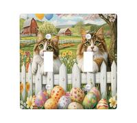 Spring Easter Siberian Cat Decorative Light Switch Cover Plate 2 Gang Double Toggle, Farmhouse Fence Eggs Kitten Electrical Switchplate, Country Electrical Faceplate for Bedroom Room