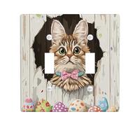 Spring Easter Siberian Cat Decorative Light Switch Cover Plate 2 Gang Double Toggle, Fun Rustic Eggs Kitten Electrical Switchplate for Room, Farmhouse Switchcover Switchplate