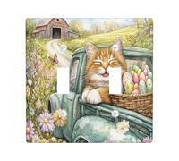 Spring Easter Siberian Cat Decorative Light Switch Cover Wall Plate 2 Gang Double Toggle, Farmhouse Truck Eggs Kitten Electrical Switchplate, Country Electrical Faceplate for Bedroom