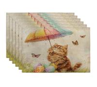 Spring Easter Siberian Cats Placemats Set of 6, 12x18 Inch, Fun Umbrella Eggs 6Pcs Washable Table Mats for Dinning, Pet Holiday Home Kitchen Decor