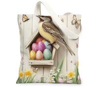 Spring Easter Sparrow Bird Canvas Tote Bag for Shopping 13 * 15, Wood Birdhouse Eggs Reusable Grocery Bag for Women, Floral Travel Pattern Gift Decoration