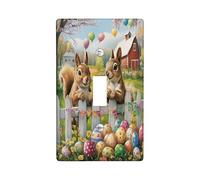 Spring Easter Squirrel Decorative Light Switch Cover Plate 1 Gang Single Toggle, Farmhouse Fence Eggs Animal Electrical Switchplate, Country Farm Electrical Faceplate for Bedroom Room