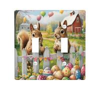 Spring Easter Squirrel Decorative Light Switch Cover Plate 2 Gang Double Toggle, Farmhouse Fence Eggs Animal Electrical Switchplate, Country Farm Electrical Faceplate for Bedroom Room