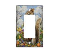 Spring Easter Squirrel Decorative Light Switch Cover Wall Plate 1 Gang Single Rocker, Quilted Wildflower Animal Electrical Switchplate, Country Farm Print Electrical Faceplate
