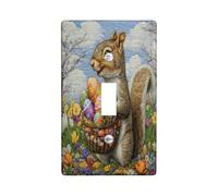 Spring Easter Squirrel Decorative Light Switch Cover Wall Plate 1 Gang Single Toggle, Quilted Wildflower Animal Electrical Switchplate, Country Farm Print Electrical Faceplate