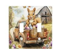 Spring Easter Squirrel Decorative Light Switch Cover Wall Plate 2 Gang Double Toggle, Farmhouse Truck Eggs Animal Electrical Switchplate, Country Farm Electrical Faceplate for Bedroom