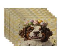 Spring Easter St. Bernard Dog Placemats Set of 6, 12x18 Inch, Eggs Plaid Daisy 6Pcs Seasonal Table Mats for Home Dinning, Pet Holiday Party Kitchen Decor