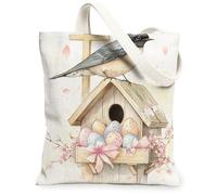 Spring Easter Swallows Bird Canvas Tote Bag for Shopping 13 * 15, Birdhouse Eggs Cross Reusable Grocery Bag for Women, Floral Travel Painting Gift Decoration