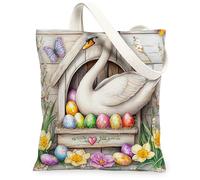 Spring Easter Swan Bird Canvas Tote Bag for Shopping 13 * 15, Wood Birdhouse Eggs Reusable Grocery Bag for Women, Floral Travel Painting Gift Decoration