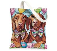 Spring Easter Vizsla Dog Canvas Tote Bag for Shopping 13 * 15, Stained Glass Eggs Puppy Reusable Grocery Bag for Women, Fun Pet Beach Aesthetic Painting Gift Decor