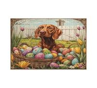 Spring Easter Vizsla Dog Jigsaw Puzzles for Adults 1000 Piece, Farmhouse Eggs Cross Puppy Wooden Puzzles, Vintage Printed Decorations for Entertainment Party