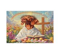 Spring Easter Vizsla Dog Jigsaw Puzzles for Adults 300 Piece, Retro Cross Eggs Puppy Wooden Printed Puzzles, Country Pattern Decorations for Entertainment Party