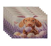 Spring Easter Vizsla Dog Placemats Set of 6, 12x18 Inch, Cute Lavender Eggs 6Pcs Washable Table Mats for Home Dinning, Pet Holiday Party Kitchen Decor