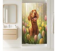 Spring Easter Vizsla Dog Shower Curtain, Eggs Floral Field Shower Curtains for Bathroom, Pet Bath Pattern Decor Accessories Set -36x72