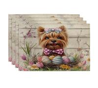 Spring Easter Yorkie Dog Placemats Set of 4, 12 * 18, Rustic Country Puppy 4Pcs Print Table Mats for Dinning, Farmhouse Holiday Home Kitchen Decor