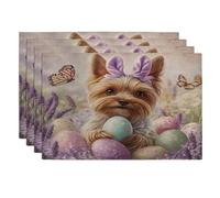 Spring Easter Yorkies Dog Placemats Set of 4, 12x18 Inch, Cute Lavender Eggs 4Pcs Washable Table Mats for Dinning, Pet Holiday Home Kitchen Decor