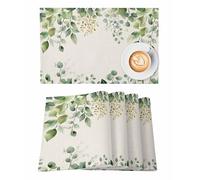 Spring Eucalyptus Leaf Placemats Set of 6, Washable Table Mats for Kitchen Dining Table, Cotton Linen Place Mats for Indoor Outdoor Parties Holiday Decoration, Vintage Country