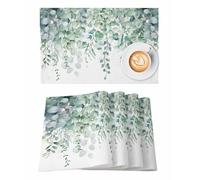 Spring Eucalyptus Leaves Placemats Set of 6, Washable Table Mats for Kitchen Dining Table, Cotton Linen Place Mats for Indoor Outdoor Parties Holiday Decoration, Green Leaf Plant