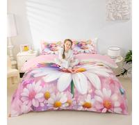 Spring Fairy Girl Duvet Cover Double Size,Cute Elf Rainbow Wing Comforter Cover with 2 Pillowcases,Bohemian Daisy Flowers Bedding Set 3pcs,Romantic Pink Sky Quilt Cover,Not Comforter