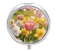 Spring Field Sweet Words Round Pill Box with Mirror 3 Compartment Portable Pill Case for Travel Outdoor Use Cute Small Pill Organizer for Pocket Or Purse