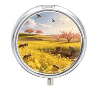 Spring Fields Are Ocupy with Plough Pill Box with 3 Compartments, Portable Pill Organizer Round Compact Small for Pocket Wallet, Mini Metal Pill Container
