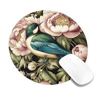 Spring Floral Bird Desk Mouse Pad, Green Blue Elegant Bird and Peony Design Non-Slip Washable Mousepad, Ideal for Home and Office Computer Use, Gaming Style Round 8x8 Inch