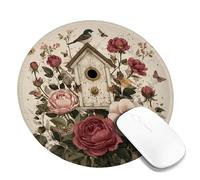 Spring Floral Birdhouse Desk Mouse Pad, Red Peach Flowers Stitched Edge Mousepad, Rubber Non-Slip Washable Gaming Mouse Pad for Home and Office Computer, Laptop Round 8x8 Inch