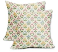 Spring Floral Block Print Pillow Covers 20x20 Inch Set of 2, Easter Decoration Pink Yellow Blue Flower Decorative Throw Pillowcases Outdoor Farmhouse Cushion Covers Holiday Sofa Couch Bed Decor