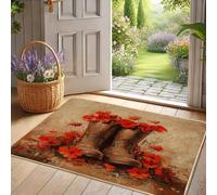 Spring Floral Boots Doormat, Red Flowers Entrance Rug for Outdoor & Indoor Decor, Rubber Waterproof Non-Slip Dust Absorbent Floor Mat, Easy Clean 29x17 Inch