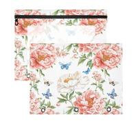 Spring Floral Butterflies White Pencil Bags Pouches with Smooth Zippers Pocket Folders for A4 Paper Letter 2 Pack Students Office Supplies