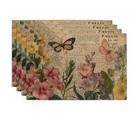 Spring Floral Butterfly Placemats, Colorful Vintage Garden Place mats for Dining Table, Non-Slip Washable Indoor Outdoor Party Decorative Placemat Set of 4