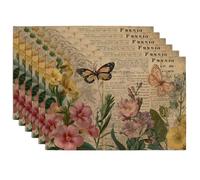 Spring Floral Butterfly Placemats, Colorful Vintage Garden Place mats for Dining Table, Non-Slip Washable Indoor Outdoor Party Decorative Placemat Set of 6