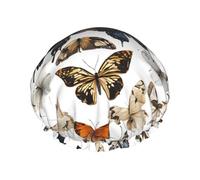 Spring Floral Butterfly Print Premium Double Layer Shower Cap For Women With Reusable Shower Cap For Hair - Waterproof Plastic Cap - Shower Caps For Long, Short And Curly Hairs