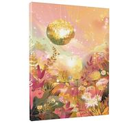 Spring Floral Canvas Wall Art, Gold Peach Glitter Disco Ball Poster Prints, Fantasy Wall Art Decor for Living Room, Bedroom, Party, Unframed 16x20 Inch