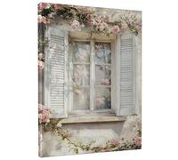 Spring Floral Canvas Wall Art, Pastel Peach Rose Window Decor, Vintage Shabby Chic Design for Living Room, Bedroom, Dining Room, Unframed 8x12 Inch