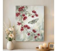 Spring Floral Canvas Wall Art, Red Green Butterfly Poster Prints, Abstract Wall Art Home Aesthetic Decor for Living Room, Bedroom, Bathroom, Lounge, Wrapped Canvas 16x20 Inch